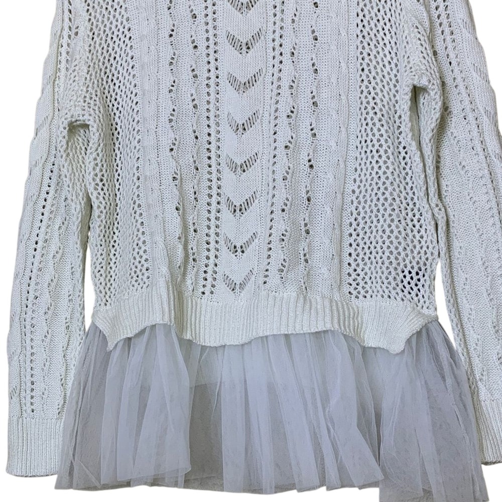 POL Mixed Media Sweater Womens Small White Tulle Hem Cable Knit JST659 - Picture 2 of 7